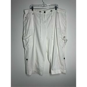 True  Lagenlook WHITE CARGO BERMUDA Capri Pants SHORTS LINEN BLEND SIZE 24